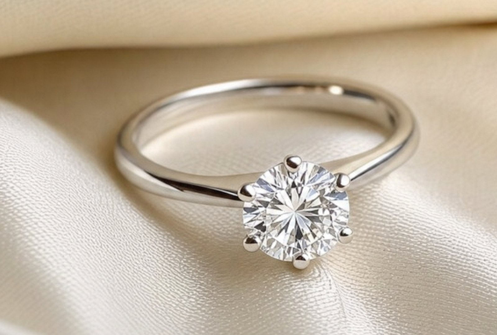 A diamond solitaire in white gold, on ivory silk