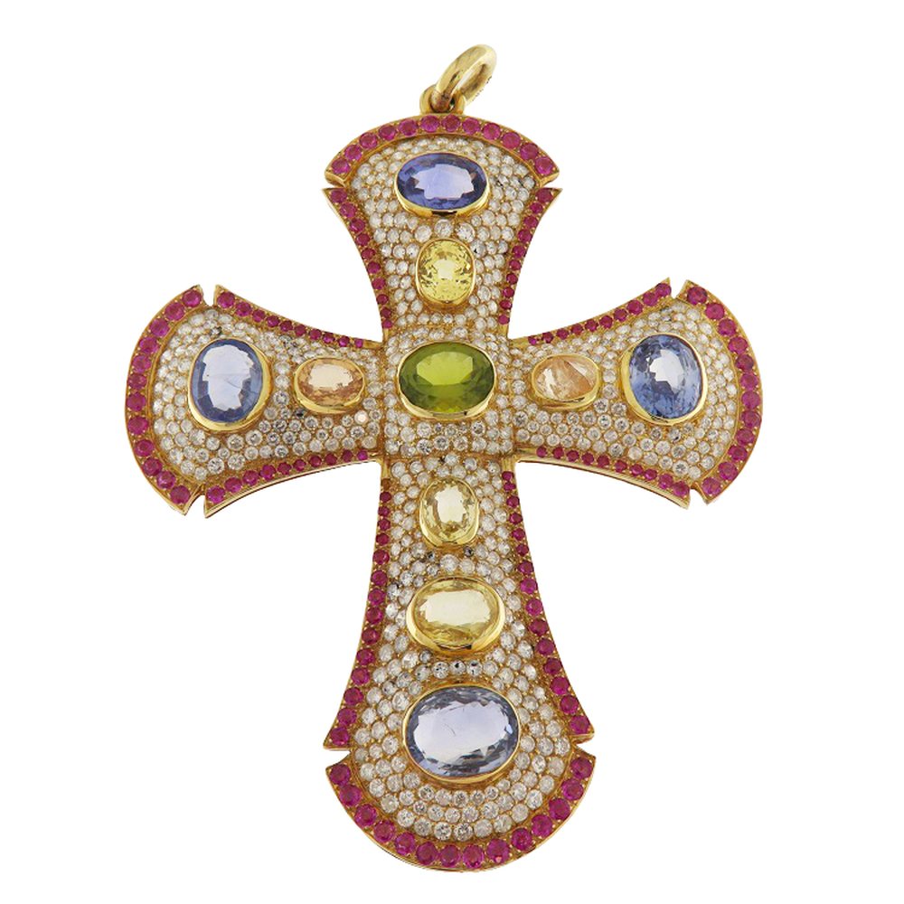 Pendant cross in yellow gold with pavé diamonds, rubies, photograph 1