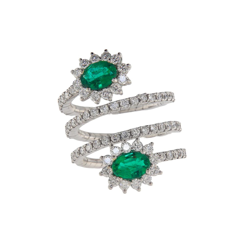 Expanding-shank ring in white gold, with emeralds, 1.26 ct, photograph 1