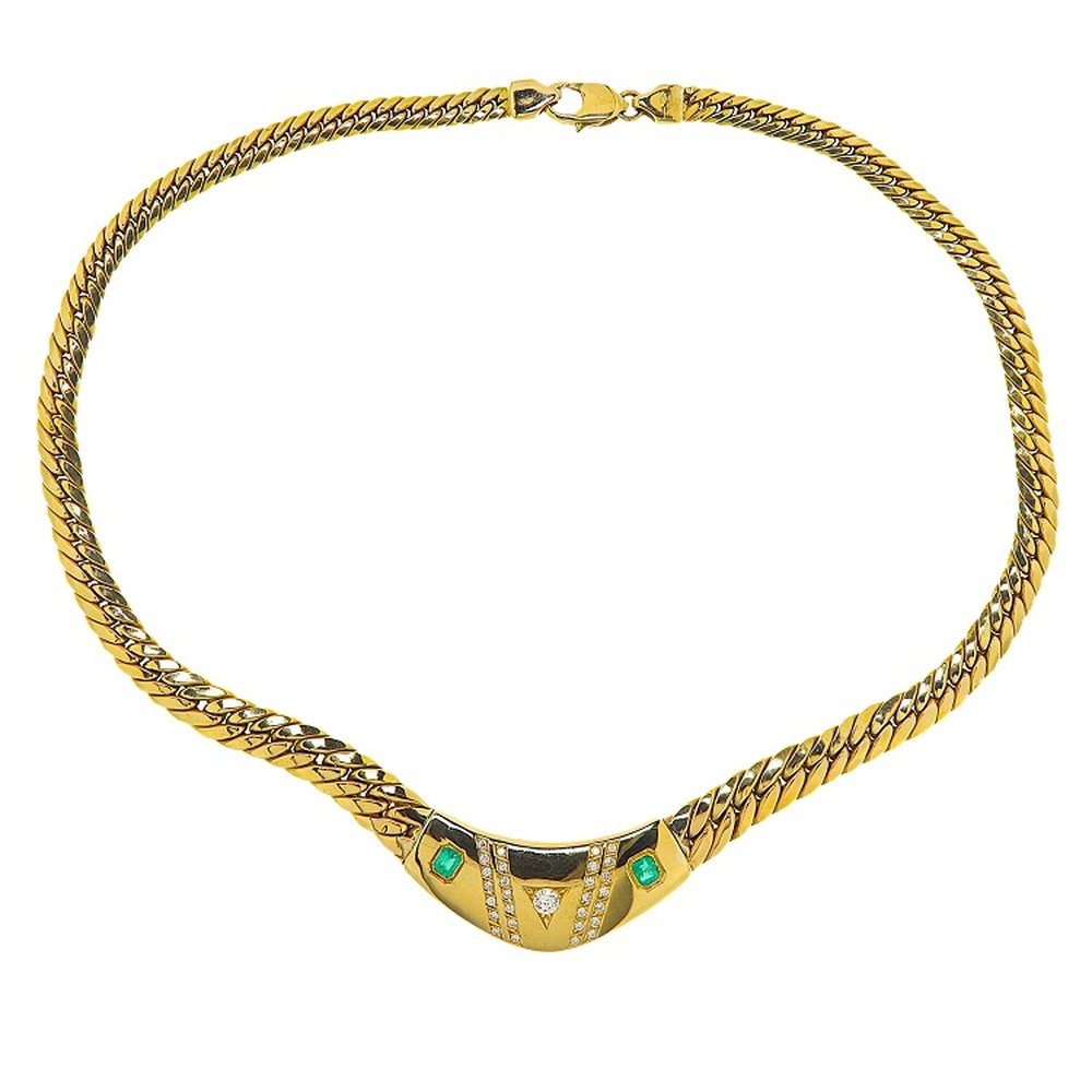 Necklace in yellow gold with diamonds, 0.61 ct and emeralds, photograph 1