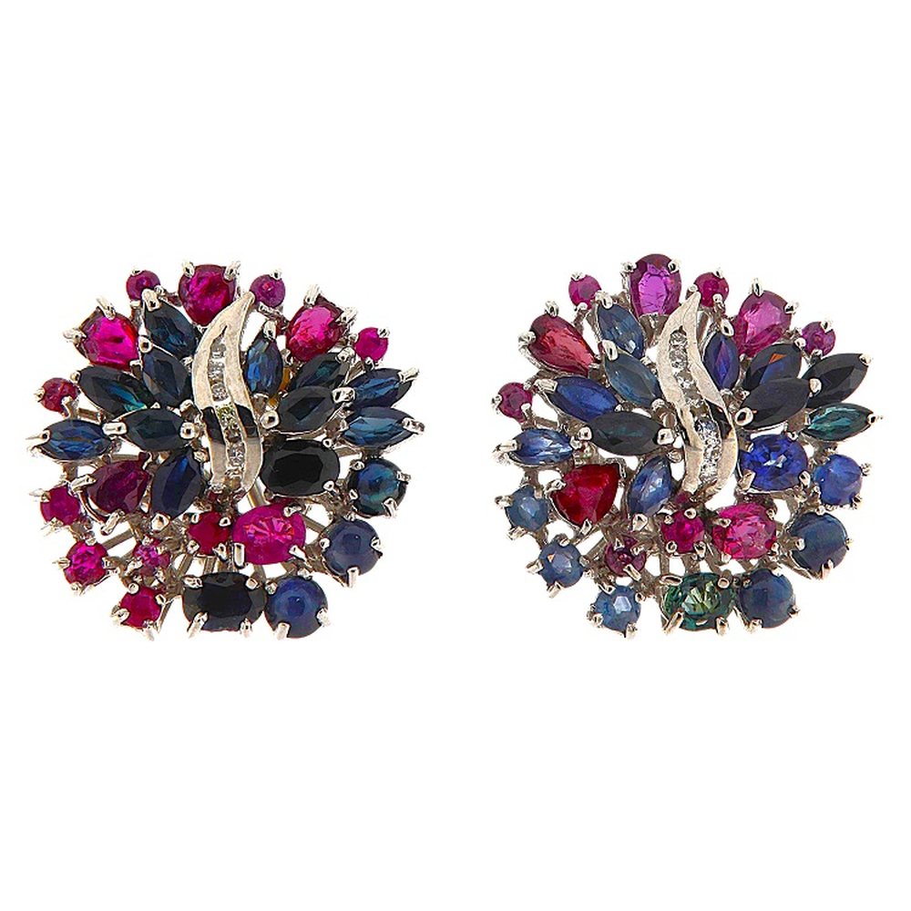 White gold flower earrings with diamonds eight-cut, rubies, photograph 1